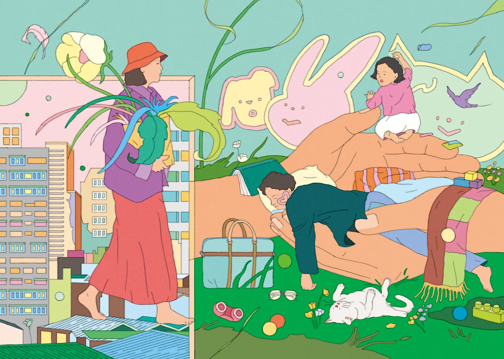 abwu的插畫：一雙大手像沙發一樣托住睡著的家長和玩耍的孩子，另一位家長抱著花草從城市的窗邊走過，草地上躺著一隻貓。
